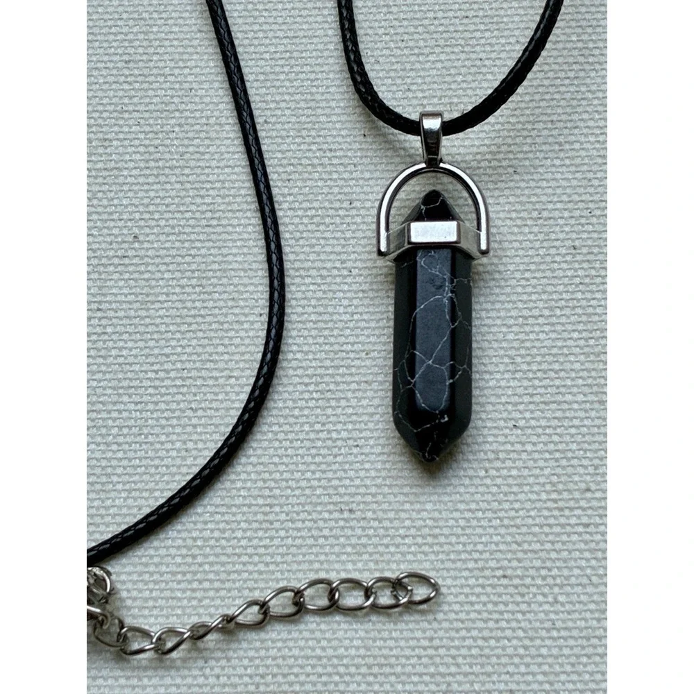 Black Crystal Point Pendant Necklace Black Cord Silver Tone Boho Y2K Bohemian